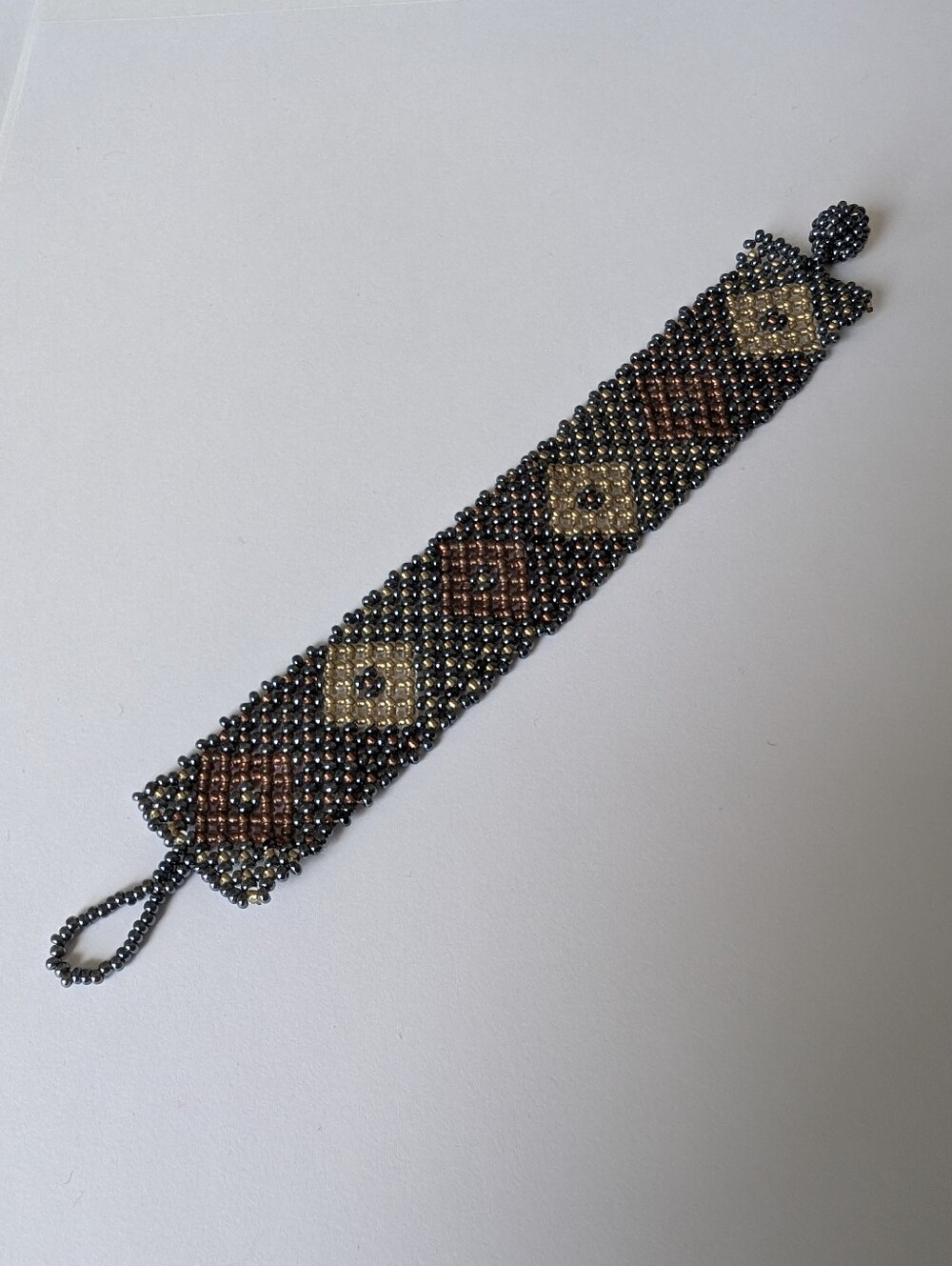 Fully Beaded Bracelet Blue With Brown And Tan Gold Geometric